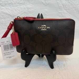 Coach Brown/Red Double Zipper Wristlet